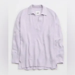 Aerie CozyUp Waffle Polo Sweater Lavender Dawn Purple Oversized Baggy Knit thumbnail 2