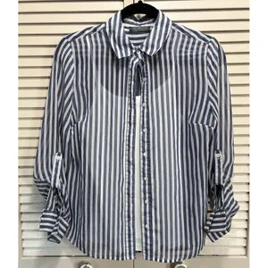 Covington Essentials Blue/White Stripe Long Tab Sl Button Up Blouse W/Tank Small thumbnail 1