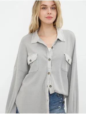 NWT Blue B Collection Medium Heather Grey Thermal Knit Button-Down Shacket Shirt thumbnail 1
