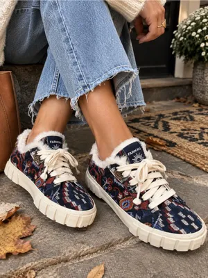 Farm Rio Ainika Tapestry Platform Sneakers Faux Fur Blue 8.5 NWOT thumbnail 1