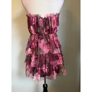 Y2k fairy whimsi bohoFloral Glitter Tulle Strapless Tiered Mini Dress BurgundY 9 thumbnail 4