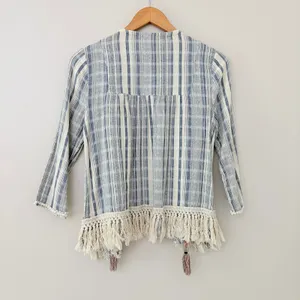Knox Rose Cardigan Top M Cotton Boho Embroidered Fringe Blue Cream Peasant thumbnail 3