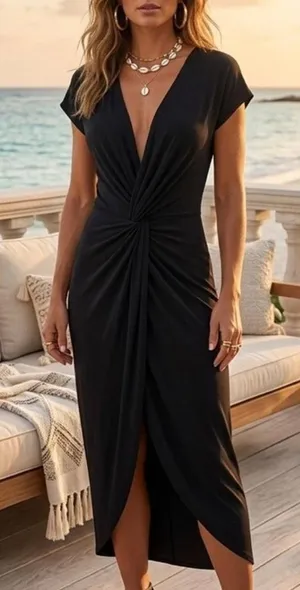 Rolla Coster Los Angeles Black Deep V-Neck Twist Front Maxi Dress RC-4179 M thumbnail 1