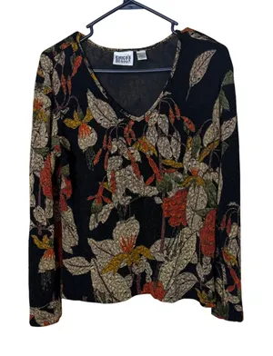 Chicos Design Womens Floral V-Neck Long Sleeve Top Black Orange Size 2 large thumbnail 1