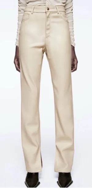 NEW!!‎ Zara Beige Khaki Faux Leather Pants Bottom Slits Fleece Lined thumbnail 1