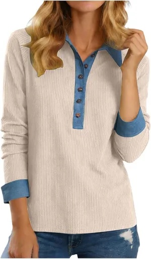NWOT ~ Women's Beige Ribbed Casual Top with Blue Denim Trim & Collar ~ MEDIUM thumbnail 1