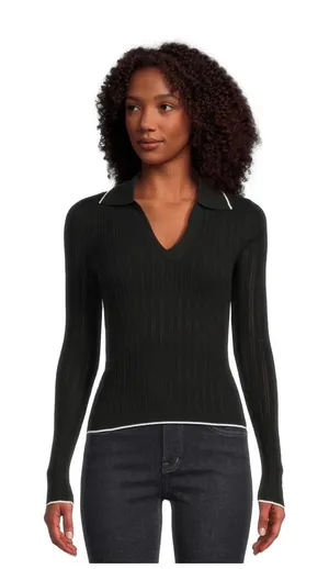 Madewell Womens Black‎ Ribbed Knit Tipped V-Neck Polo Sweater Size L thumbnail 1