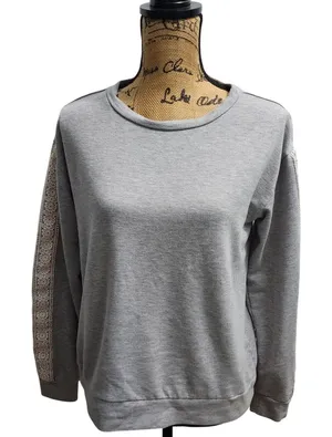 Gray Sweatshirt with Crochet Lace Sleeves - Women's Size‎ M/M (10/12) thumbnail 1