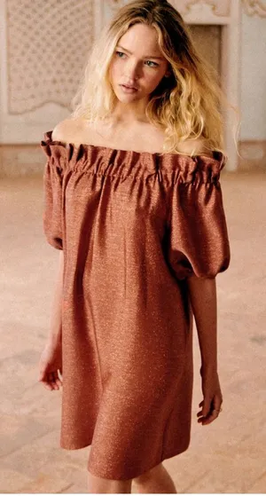 Sézane Editions Metallic Copper Off Shoulder Puff Sleeve Dress Rust Orange EU 38 thumbnail 1
