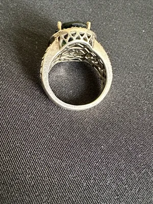 Sterling & glass EUC ring. Green oval glass stone w/ CZ halo set in 925 silver thumbnail 2