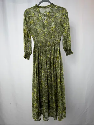 A.V.V. Standard Floral Tie-Neck Long Sleeve‎ Midi Dress in Green Size Small thumbnail 3