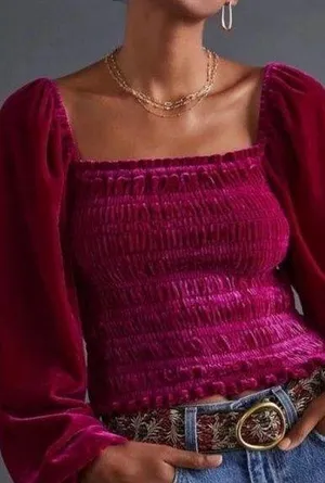 Anthropologie Smocked Velvet Puff Sleeve Pink Magenta Square Neck Blouse Small thumbnail 1