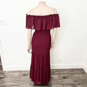 [Baltic Born] Maroon Amalfi Smocked Off The Shoulder Ruffle Maxi Dress Sz Medium thumbnail 4