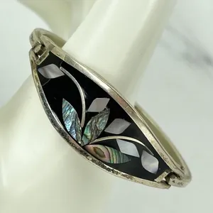 Vintage Silver Tone Abalone Shell Flower Inlay Bangle Child's Bracelet thumbnail 1
