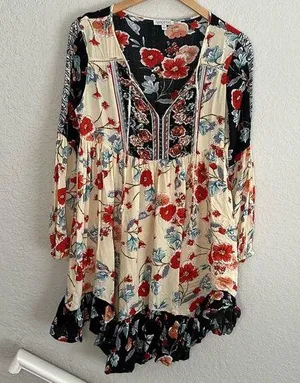 Patrons of Peace Red Blue Cream Floral Mini Dress Ruffle Festival Boho Hippie thumbnail 1