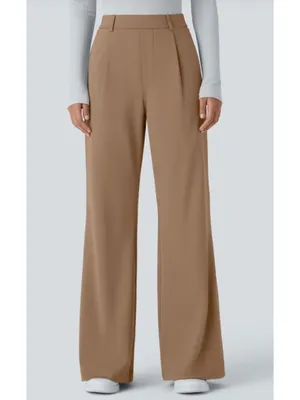 Wide-Leg Camel Trousers Womens Size L High Waist Polyester Blend Dress Pants New thumbnail 8