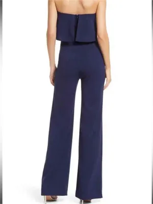 Lulu's Strapless Navy V-Notch Wide-Leg Jumpsuit thumbnail 2