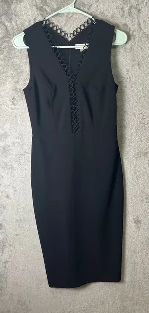 Calvin Klein Black Sheath‎ Dress Sleeveless Ring Trim V-Neck Career Cocktail 2 thumbnail 1