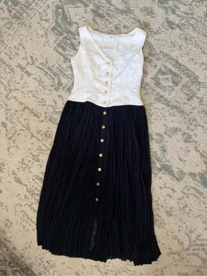 Kamisato Vintage Maxi Dress Linen Navy Pleated Button Front Size 8 thumbnail 2