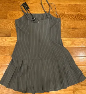 Sincerely Jules Pinstripe Pleated Drop-Waist 90s Vintage Aesthetic Mini Dress L thumbnail 1