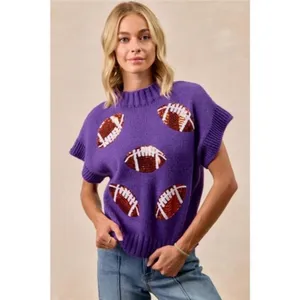 ✨NWT‎ BiBi Gameday Sequin Football Patches Rib Banded Sweater thumbnail 9