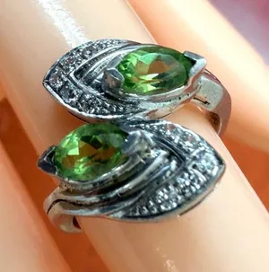 925 Sterling Silver Green Peridot Style Two Stone Bypass Ring thumbnail 1
