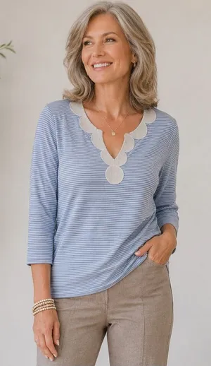 Talbots Cotton Tunic Beaded Neckline White/Blue Striped Large‎ Coastal Casual thumbnail 1