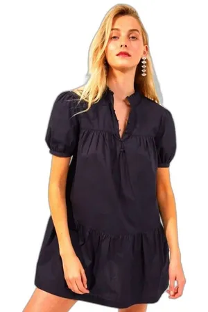 French Connection Poplin Mini Dress Puff Sleeve Black Small Preppy Coastal Chic thumbnail 1