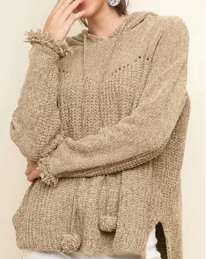 POL‎ Chenille Pom Pom Hoodie Distressed Knit Sweater Pink Size Medium thumbnail 1