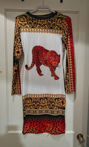 Leopard Print Baroque Long Sleeve Dress - Red, Gold, Black thumbnail 1