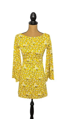 Zara Trafaluc Yellow Floral Mini Dress XS Bell Sleeve Retro 70s Twee Mod thumbnail 1
