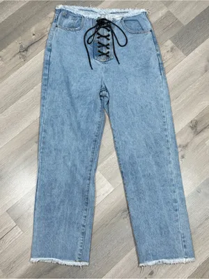 Vintage Y2k Lioness Lace Up Front Raw Edge Crop Jeans Blue Small‎ Straight High thumbnail 3