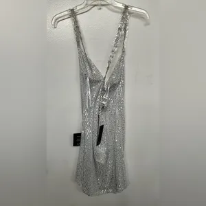 NWT Lulu's Famous Behavior Silver Sequin Cowl Neck Mini Dress Large New thumbnail 6