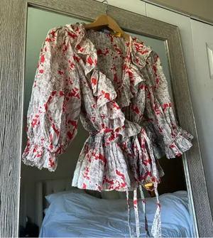 Polo Ralph Lauren Orange And Ivory Floral Ruffle Wrap Blouse Size Small thumbnail 1