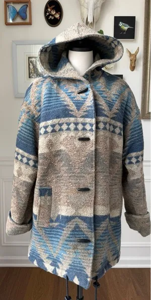Vintage Braetan Southwestern Navajo Blanket Print Wool Blend Hooded Duffle Coat thumbnail 1