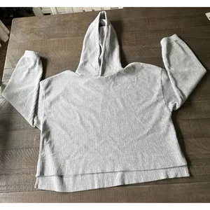 Aerie Women's Gray Ribbed Knit Oversized Cropped‎ Pullover Hoodie Size Large thumbnail 1