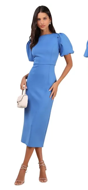 Lulus Simply Beloved Blue Puff Sleeve Bodycon Midi Dress size XXL NWT thumbnail 1