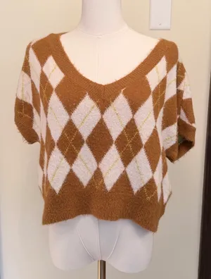 Free People argyle short sleeve v-neck relaxed fit sweater thumbnail 1