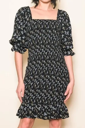 Elloh The Grayson Black Ditzy Blue Floral Smocked Puff Sleeve‎ Square Neck Dress thumbnail 1