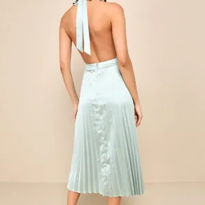 Lulus Totally Charming Sage Green Satin Pleated Halter Midi Dress L thumbnail 15