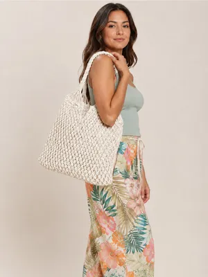 Boho Macramé Cotton Rope Market Tote Bag | Handmade Ivory Woven Beach Shopper thumbnail 2