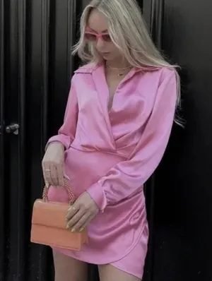 ZARA mini dress satin effect drapped long sleeve pink party wedding coctail thumbnail 3