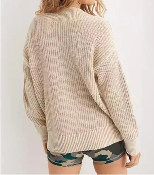 Aerie Sweater Chunky Deep V Neck Oversized 100% Cotton Beige M NWT thumbnail 2