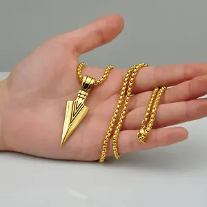 Gold Arrowhead Mens Arrow Pendant Necklace 24" Chain - Native American Style thumbnail 1