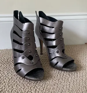 White House | Black Market Women's Metallic Gray Strappy Peep-Toe High Heels thumbnail 1