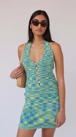 NIA Fabianna Knit Halter Mini‎ Dress Blue Yellow Space Dye Size XS NWT thumbnail 1