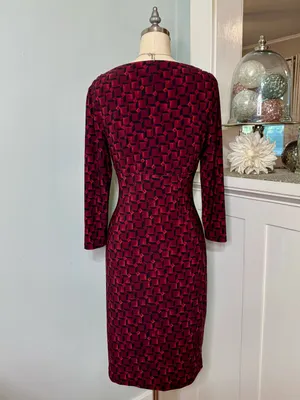 Lauren Ralph Lauren Faux Wrap Sheath Dress Burgundy Black Geometric Ruched Sz 6 thumbnail 5
