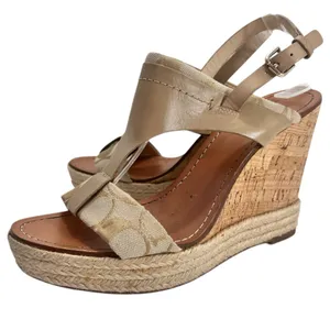 Coach Khaki Leather Signature Canvas Mendez Cork Wedges Sandals thumbnail 15