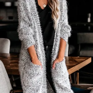 Lumiere black and white pocketed fuzzy eyelash knit cardigan sweater size large thumbnail 2