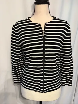 Chaps 100% Cotton Workwear Black & White Striped Zip-Front Cardigan Size M thumbnail 1